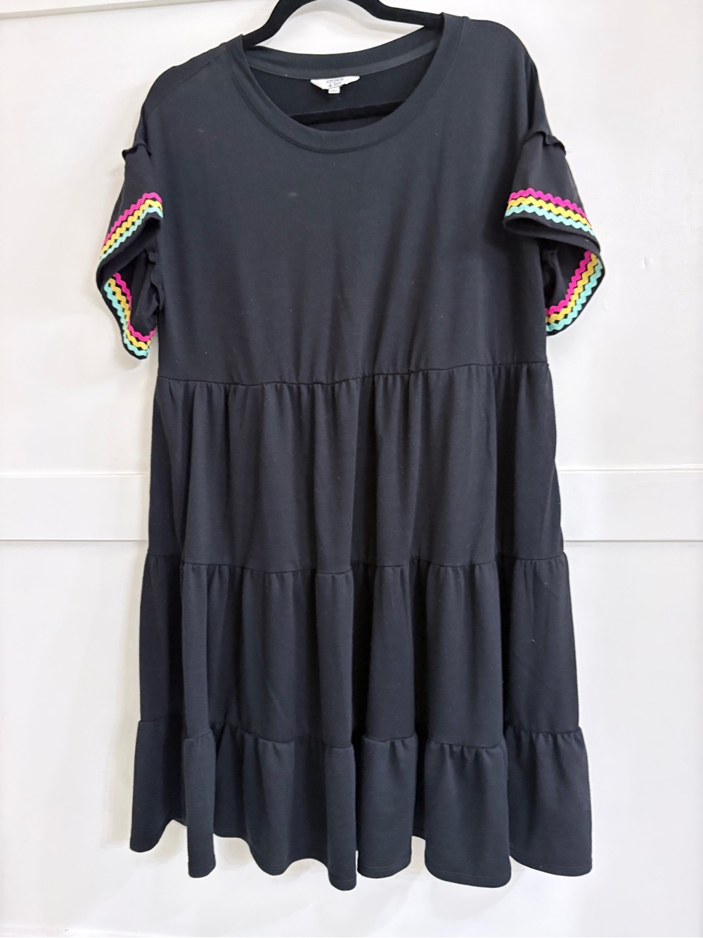 crown & ivy Black Tiered Dress with Rainbow Trim Sleeves